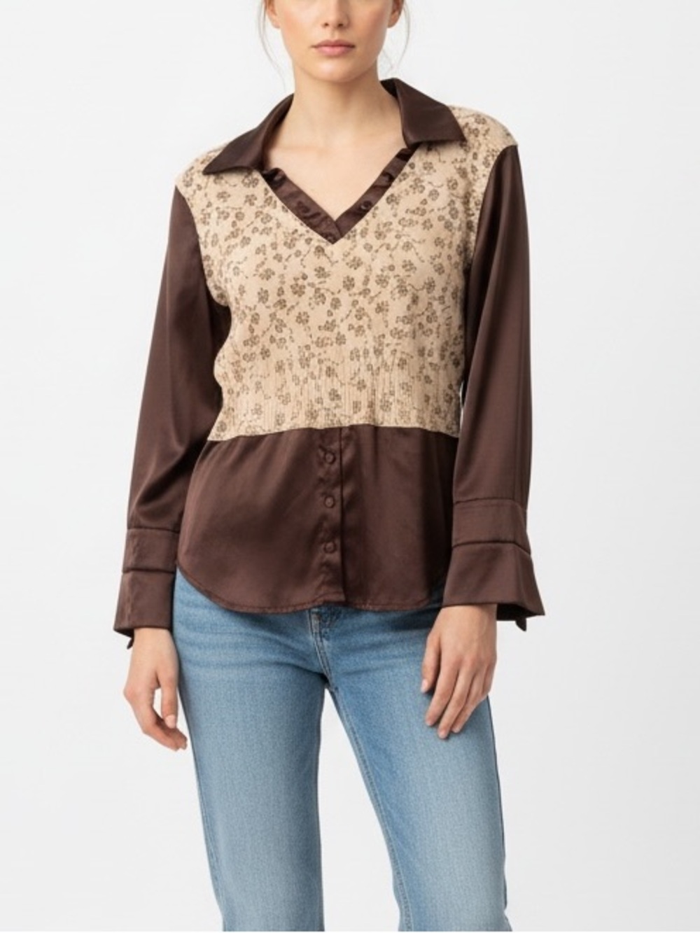 Mixed-Media V-Neck Button-Down Shirt in Brown and Cream